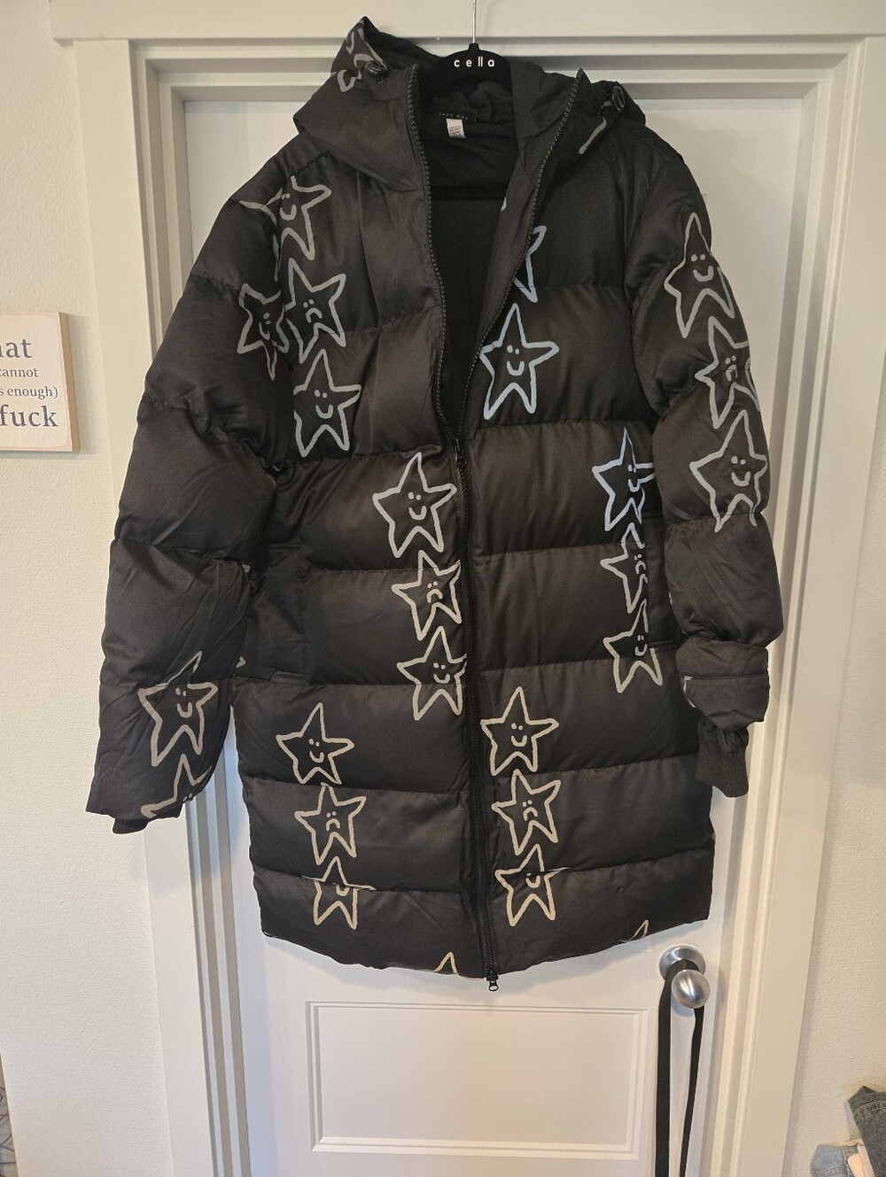 NWT! Lazy Oaf Happy Sad Reflective Print Longline Puffer Coat. Size S - Picture 14 of 16